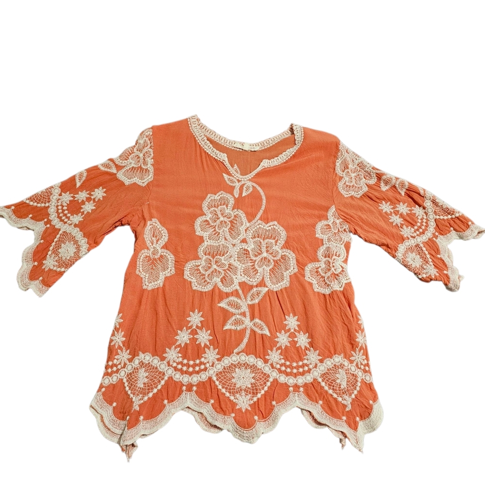 Solitaire Embroidered Boho Top Scalloped Trim Apricot/ White  Medium - Picture 2 of 9